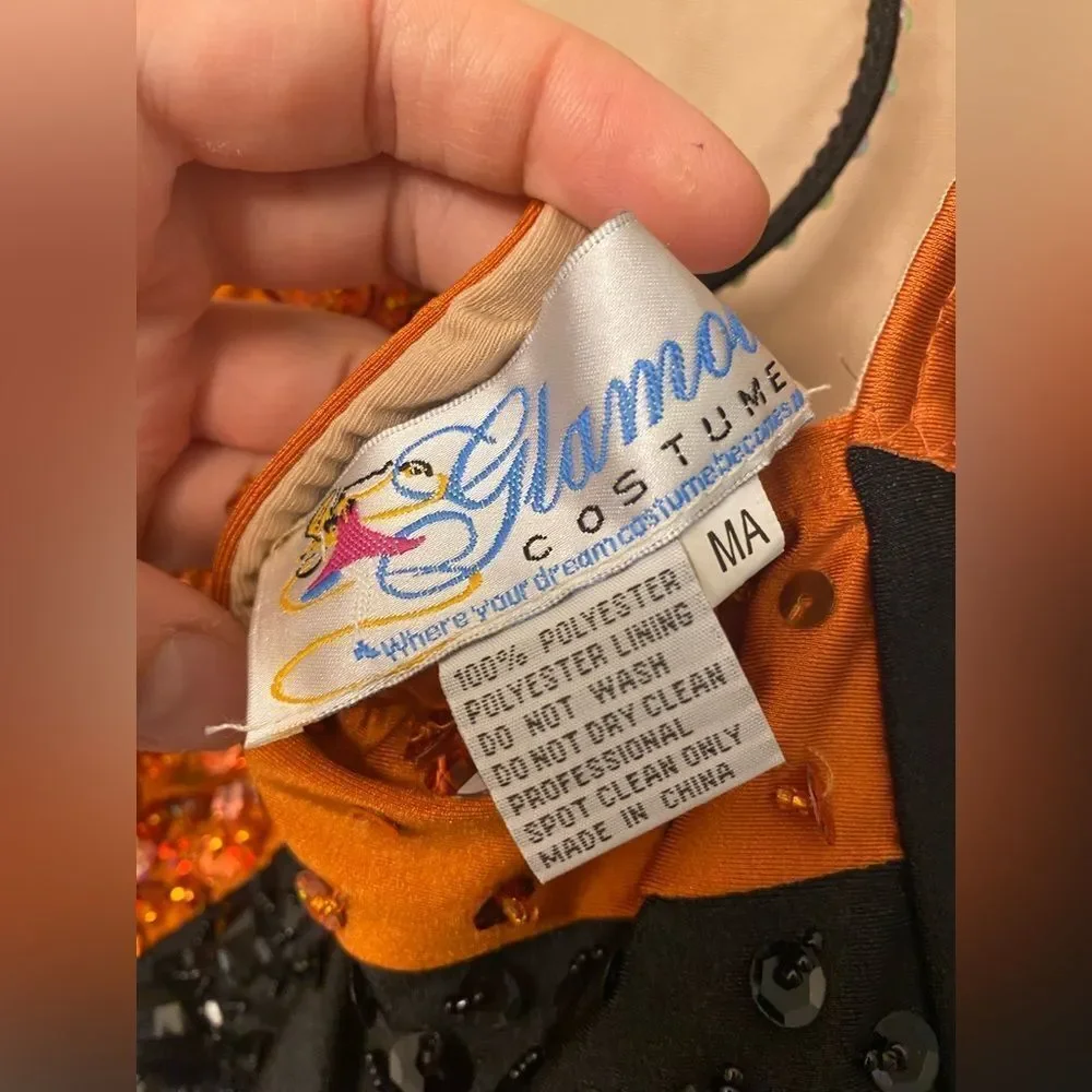 Glamour solo dance costume orange black one sleeve rhinestones MA medium adult